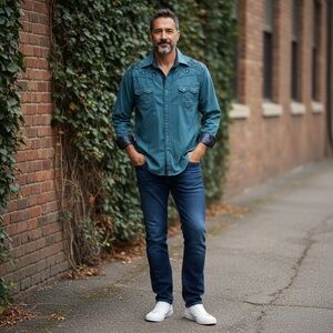 Lamasini Premium Men's Blue Western Embroidered Casual Button Down Shirt Large